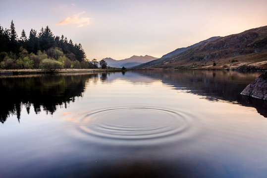 Llynnau Mymbyr Lake at sunset, Capel Curig, Snowdonia National Park, North Wales