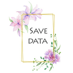 Wedding Invitation, floral invite card, olive floral and magnolia geometric golden frame print. White background