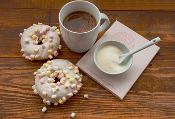 Morning coffee with marshmallow-covered donuts