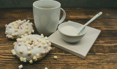 Morning coffee with marshmallow-covered donuts