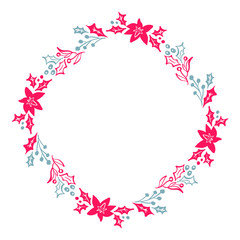 Christmas Hand Drawn wreath red and blue Floral Winter Design Elements isolated on white background for retro design flourish. Vector calligraphy and lettering illustration