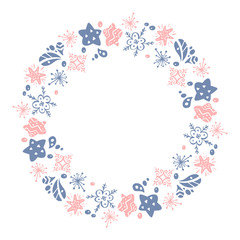 Christmas Hand Drawn wreath pink and blue Floral Winter Design Elements isolated on white background for retro design flourish. Vector calligraphy and lettering illustration