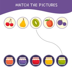 Matching children educational game. Match parts of jam and fruits. Activity for pre shool years kids and toddlers.