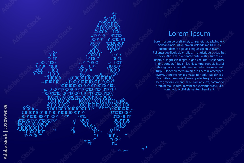 Poster european union map abstract schematic from blue ones and zeros binary digital code for banner, poste