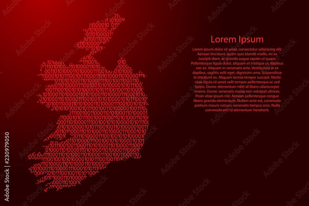 Fototapete ireland map abstract schematic from red ones and zeros binary digital code with space stars for bann