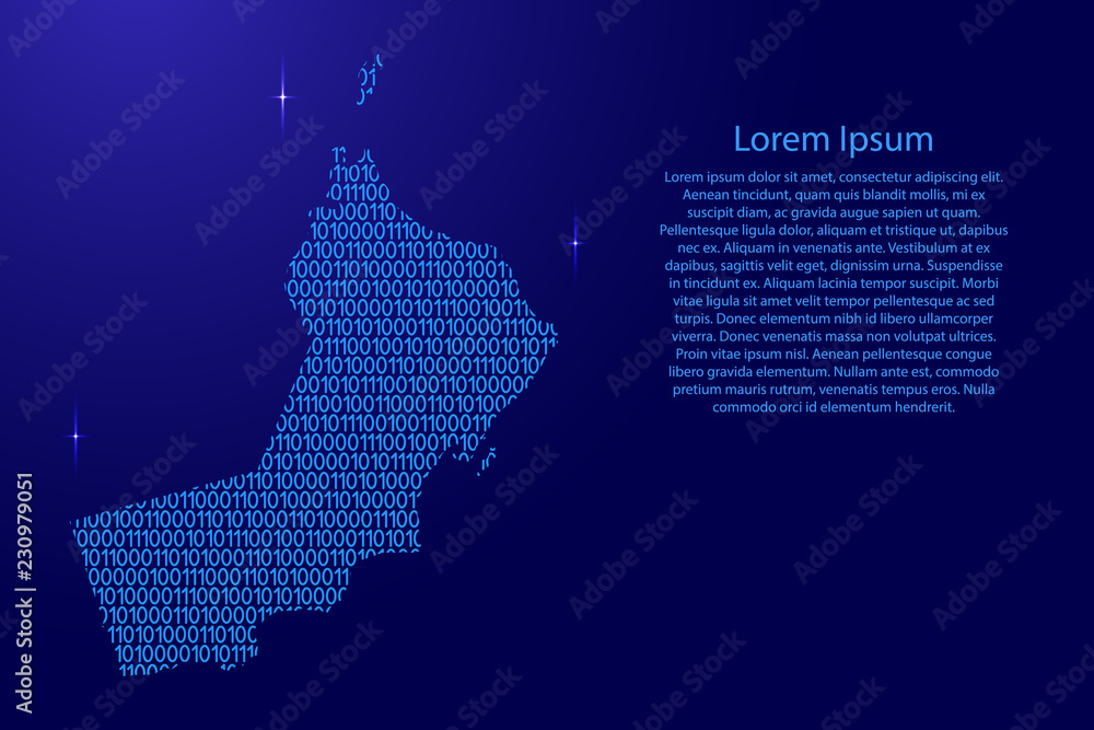 Poster oman map abstract schematic from blue ones and zeros binary digital code for banner, poster, greetin