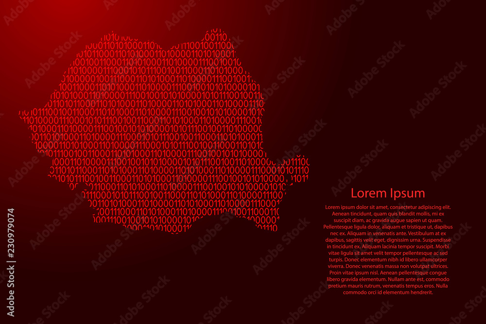 Fototapete romania map abstract schematic from red ones and zeros binary digital code with space stars for bann