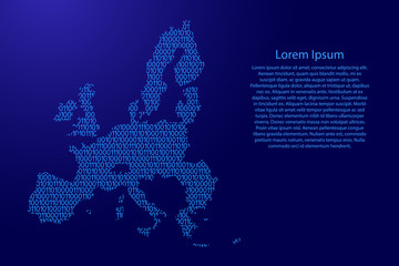 European Union map abstract schematic from blue ones and zeros binary digital code for banner, poster, greeting card. Vector illustration.