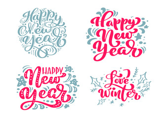 Set Happy New Year vector text Calligraphic Lettering Merry Christmas design card template. Creative typography for Holiday Greeting Gift Poster. Calligraphy Font style Banner