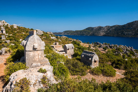 Lycian Sarcophagus, Sunken City of Kekova, Antalya Province, Lycia, Anatolia, Mediterranean Sea, Turkey Minor