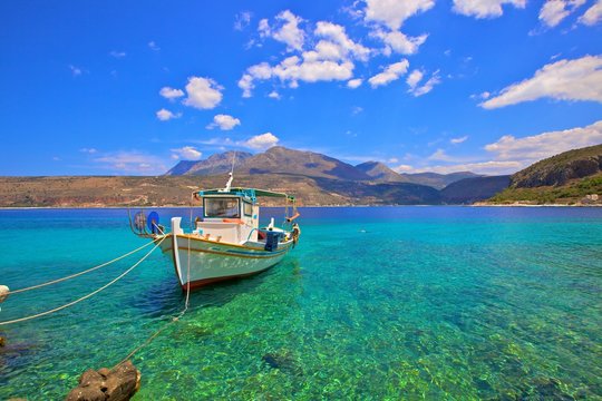 Fishing boat, Limeni, Mani Peninsula, The Peloponnese, Greece