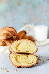 French fresh crispy croissant for breakfast, selective focus, copy space