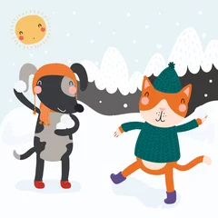 Zelfklevend Fotobehang Hand getekende vectorillustratie van een leuke grappige kat en hond met sneeuwballengevecht buiten in de winter, met berglandschap-achtergrond. Scandinavische stijl plat ontwerp. Concept voor kinderen afdrukken. © Maria Skrigan