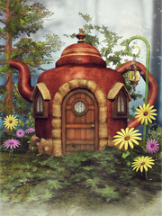 Domek z czajnika wśród kolorowych kwiatów na zielonej łące