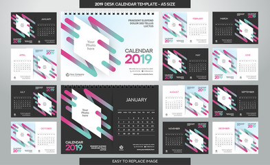 Desk Calendar 2019 template - 12 months included - A5 Size