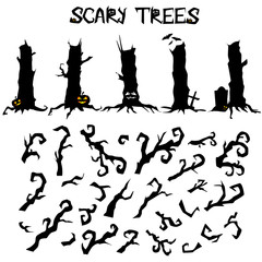 Scary Halloween silhouette trees constructor with pumpkins, branches, gravestones and bats. Vector illustration