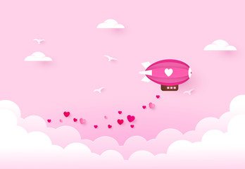 Love and valentine day. zeppelin with heart and falling hearts. Paper art © mirsad