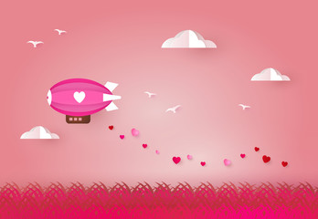 Love and valentine day. zeppelin with heart and falling hearts. Paper art © mirsad
