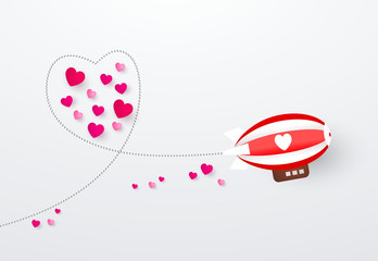 Love and valentines day. Red zeppelin flying look like heart shape on sky and hearts © mirsad
