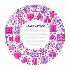 Heart attack symptomps concept in circle thin line icons: dizziness, dyspnea, cardiogram, panic attack, weakness, acute pain, cholesterol level, nausea. Vector illustration, print media template.