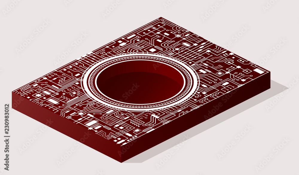 Poster red computer circuit board 3d concept. isometric vector illustration.