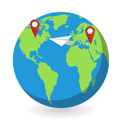 Vector illustration. Airplane flight, travelling around the world, concept of vacation trip.