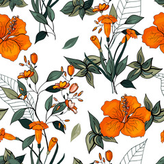 Vintage background. Wallpaper.  Hand drawn. Vector illustration. Blooming  Flowers. Realistic isolated seamless flower pattern.