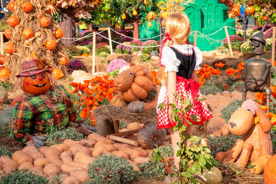 Fairy tale Oz country characters made from pumpkins and flowers