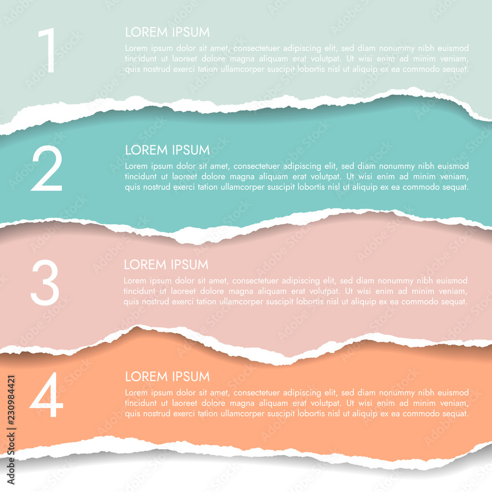 Poster set of four color infographics of torn paper with numbers and text, banner isolated on white backgro