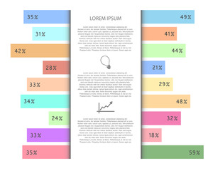 Infographic statistics with transparency color graphs and center rectangle panel with text and icons. White version