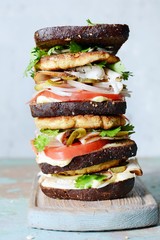 Delicious sandwich with rye bread, meat, cheese, turkey, onion, tomato, cilantro and mayonnaise a gray background. High club sandwich with toast. On a wooden board.