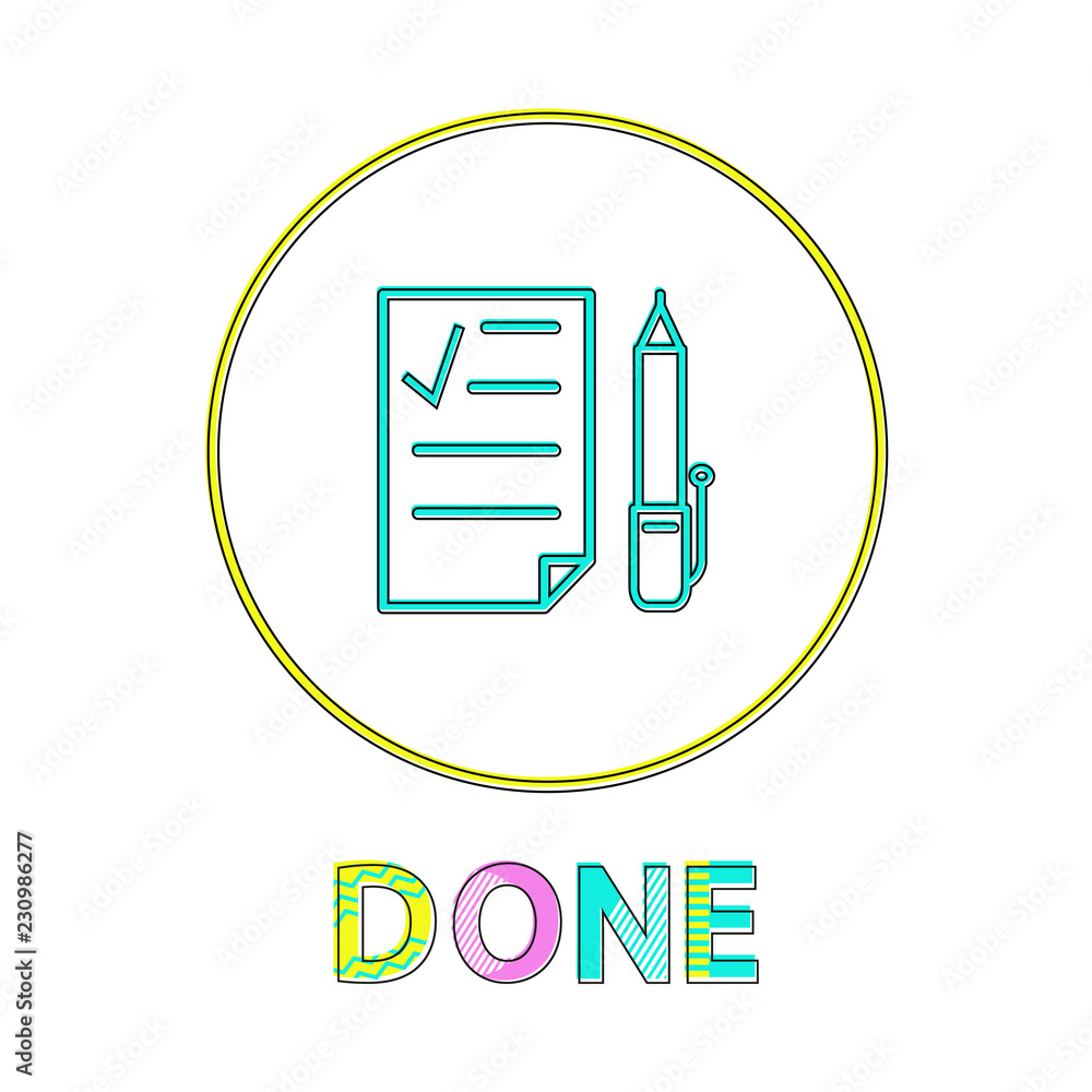 Poster done round linear icon with check list and pen