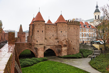 View of the restored Barbican in the old town of Warsaw in Poland