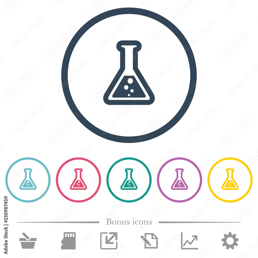 Poster flask with liquid flat color icons in round outlines