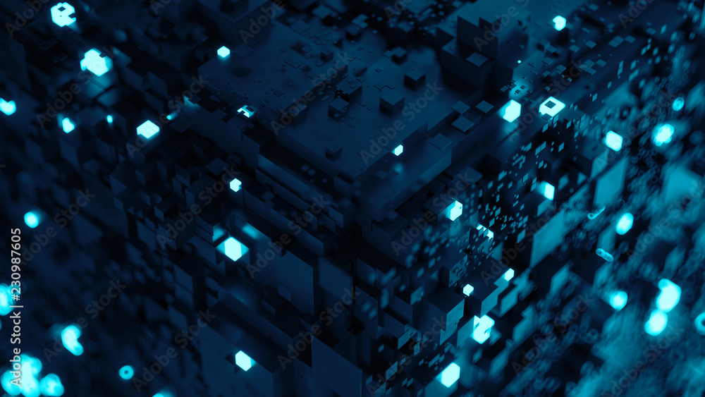  3d complex technology render background. multi layered segmented geometry with glow elements. render