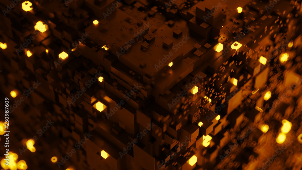 Fototapete 3d complex technology render background. multi layered segmented geometry with glow elements. render