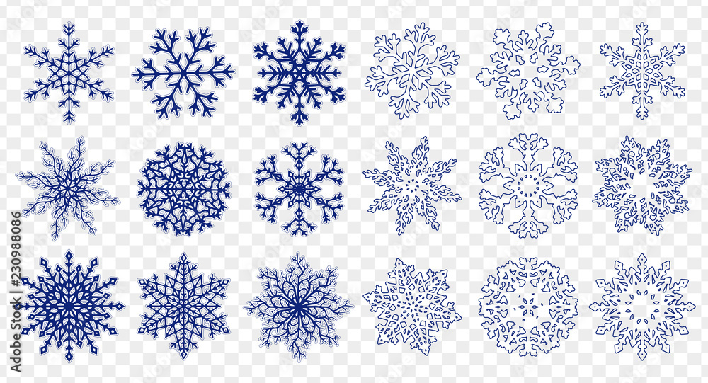 Poster set of different handdrawn flat and linear snowflakes isolated on transparent background. vector ill