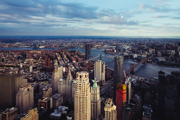 Fototapeta premium Aerial view of lower Manhattan looking at the Brooklyn bridge, NYC USA