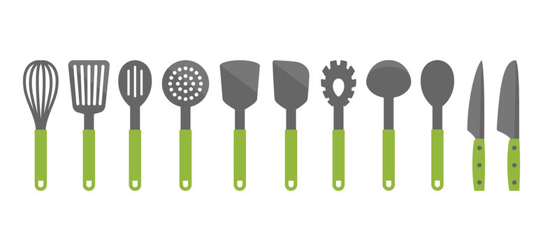 Colorful cooking utensil set of tools. Kitchen tools vector cartoon icons. Slotted turner, spoon, knives, whisk, pasta server icons.