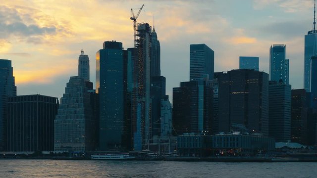 RL PAN EST SUNSET View of New York City Manhattan downtown skyline. 4K UHD