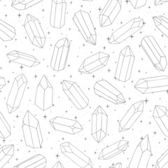 Hand drawn vector seamless pattern with crystals outline on the white background. Gemstones with stars.