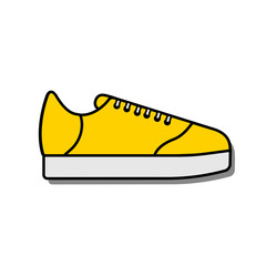 Vector illustration icon of sport running shoes (sneakers) . Black outline, yellow color. White background