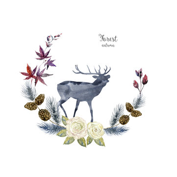 Aquarelle deer with floral frame, card decoration