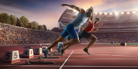  3 men run Male athletes sprinting. Three men in sport clothes run at the running track in professional stadium - obrazy, fototapety, plakaty