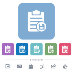 Save note flat icons on color rounded square backgrounds