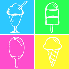 Colorful pattern with different kind of icecream silhouettes on blue, green, pink and yellow background. Hand drawn vector illustration