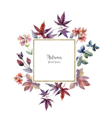Watercolor floral frame in autumn colors on white background.