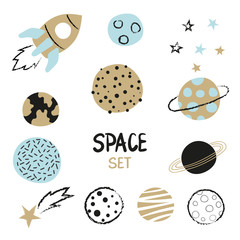 Set of hand drawn space element - rocket, planets and stars. Childish vector illustration.