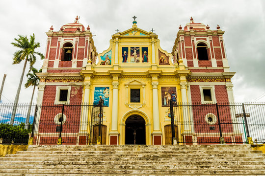 A view of the colourful Church of El Calvario, Leon, Nicaragua