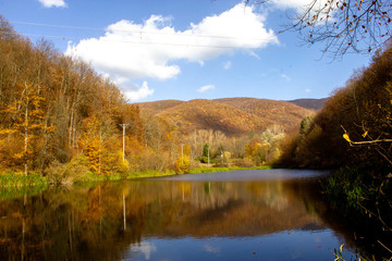 Lake Grza near the Paracin town. Pond with weird reflection in autumn, sunny day
